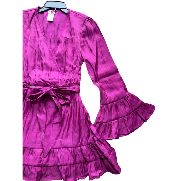 Metallic Fuchsia Tiered Satin Pleated Belted A Line V Neck Womens Medium Dress - Picture 3 of 16